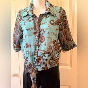 Paisley Print Women’s Top - Teal and Brown, size S, sheer fabric